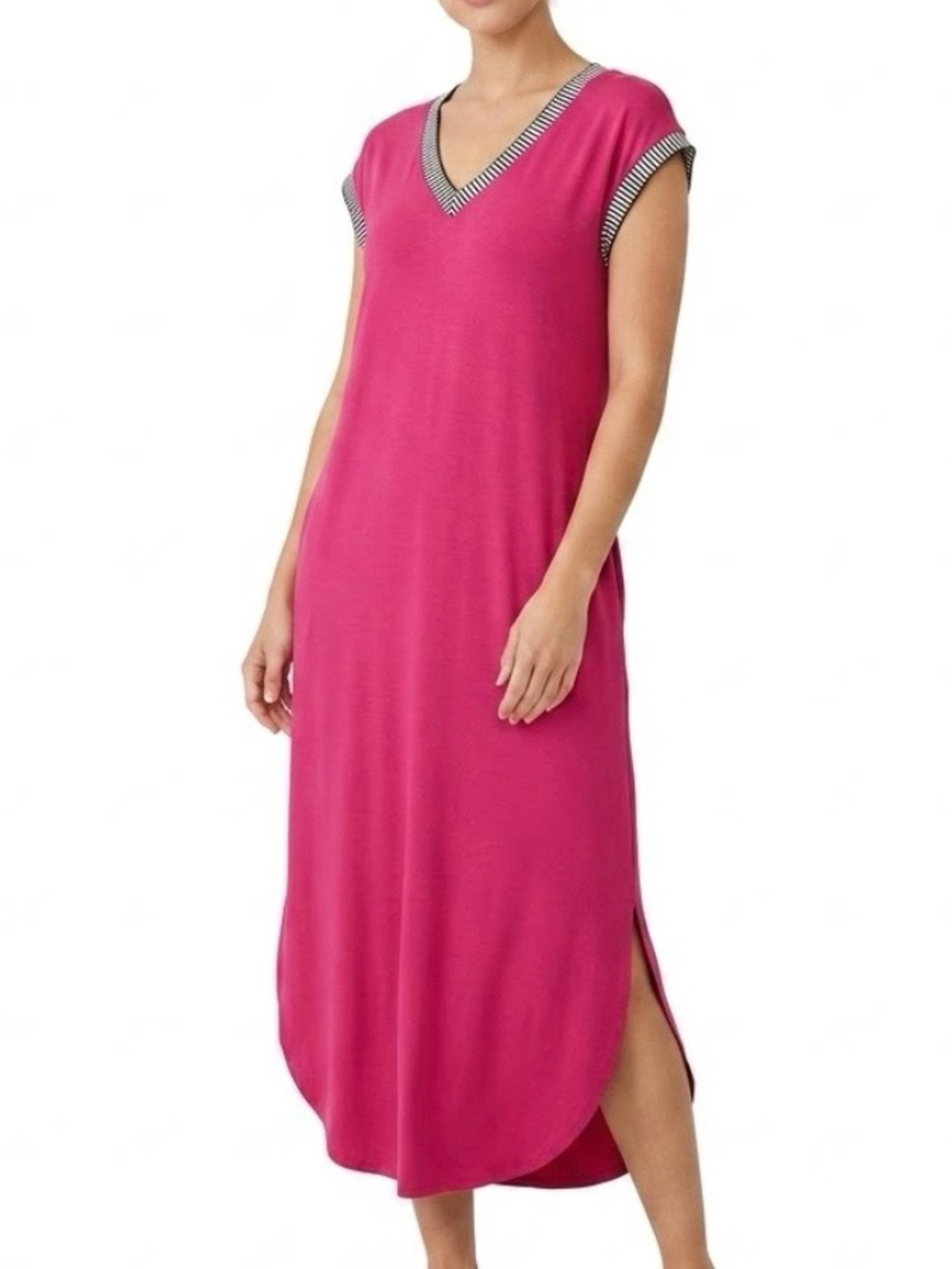 NWT MEROKEETY Women Fuchsia Pink V-Neck Striped Trim Side Slit Maxi‎ Dress Sz L